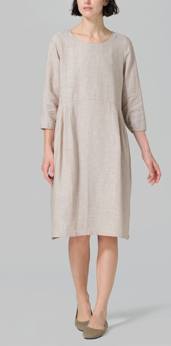 Two Tone Beige Linen A-line Mid-Length Pleated-Waist Dress