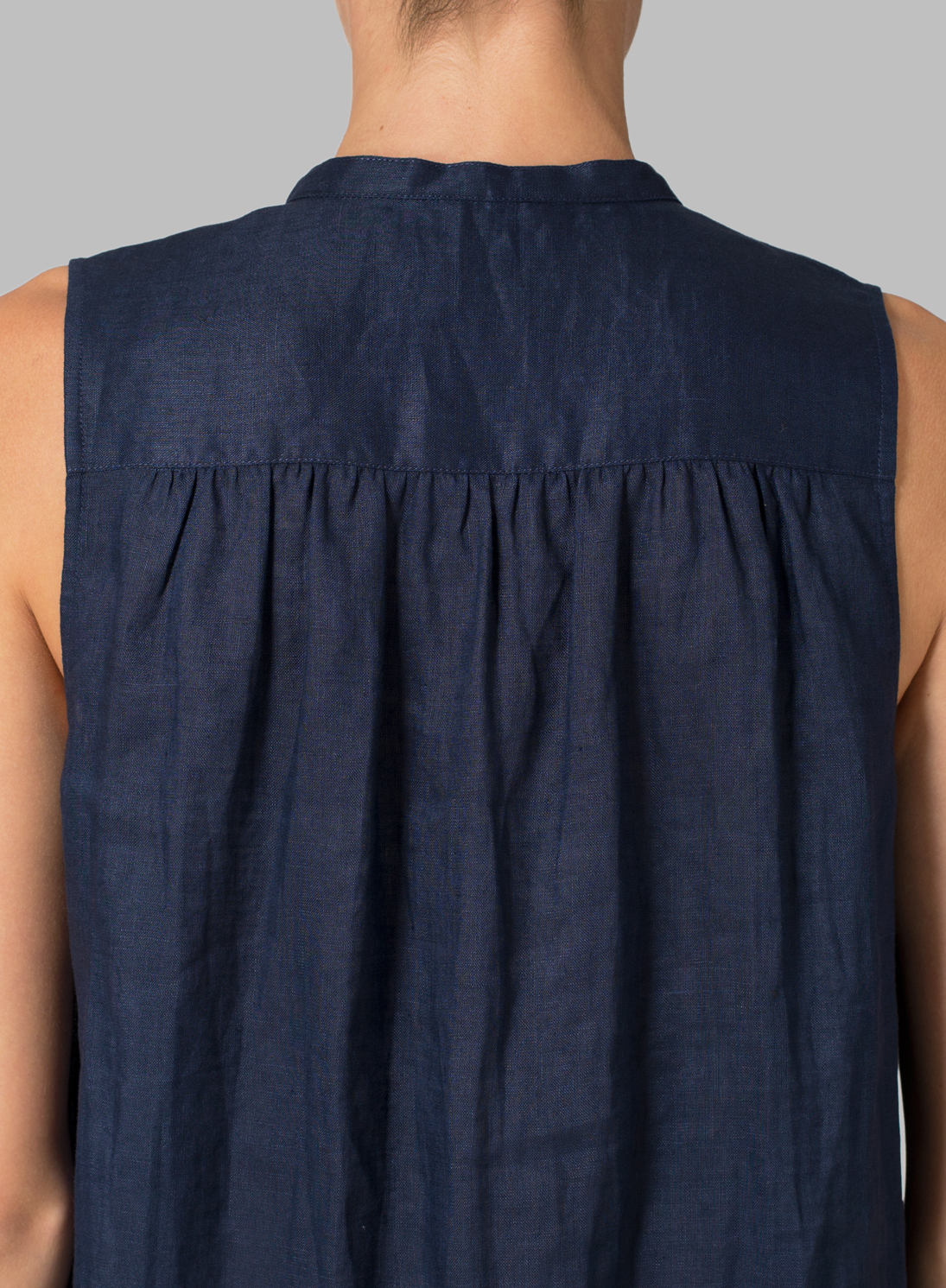 Navy Linen Mandarin Collar A Line Sleeveless Shirt