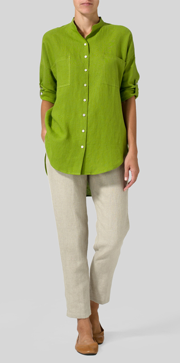 Green Leaf Linen Mandarin Collar Blouse