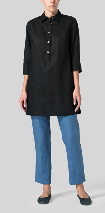 Black Linen Straight Fit Shirt Collar Tunic