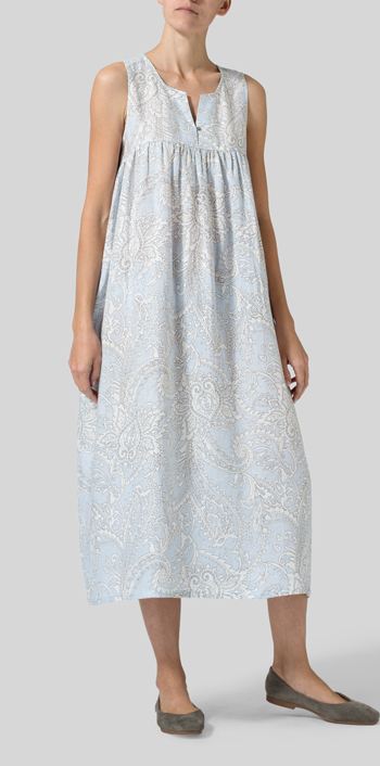 Blue Paisley Waves Linen Sleeveless Pleated Dress