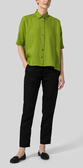 Green Linen Boxy Sleeves Shirt