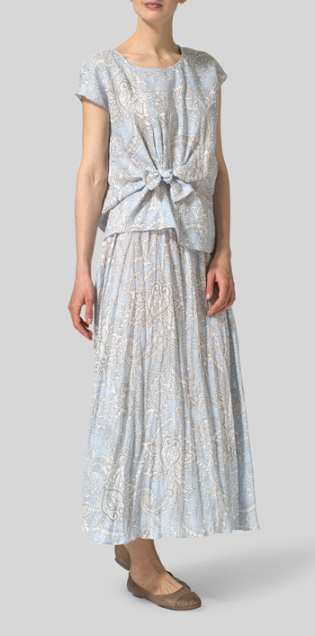 Blue Paisley Weave Linen Long Flared Skirt Set