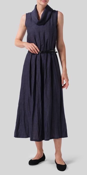 Dark Denim Linen Sleeveless Cowl Neck Long Dress