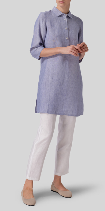 Two Tone Blue White Linen Straight Fit Shirt Collar Tunic