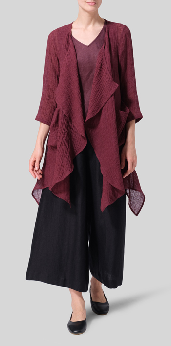 Plum Linen Gauze Waterfall-Front Jacket