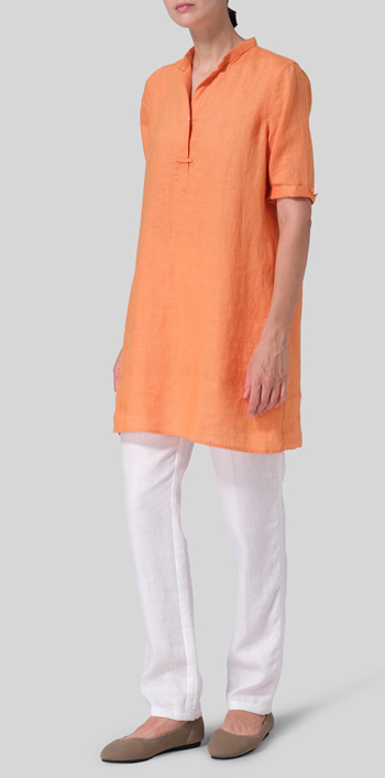 Orange Linen A-line Tunic With Double-layer Collar