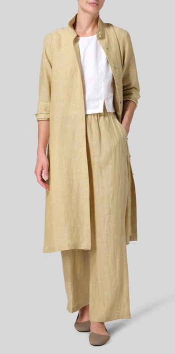 Flaxen Linen High Stand Collar Long Shirt Set