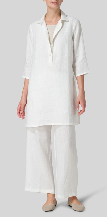 Off White Linen Straight Fit Shirt Collar Tunic