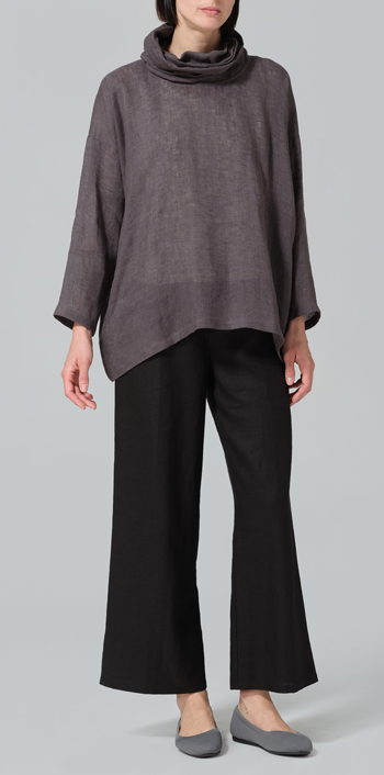 Dark Charcoal Woven Linen Long Sleeve Cowl Neck Top