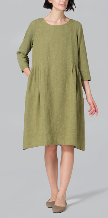 Pale Olive Linen A-line Mid-Length Pleated-Waist Dress