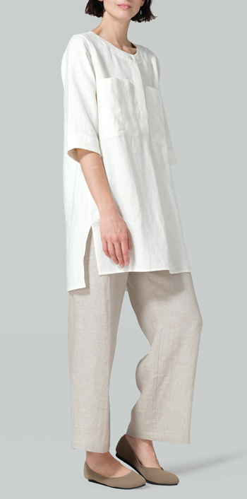 Cream White Linen Chest Pocket Tunic