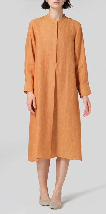 Golden Brown Linen A-shape Long Shirt Dress