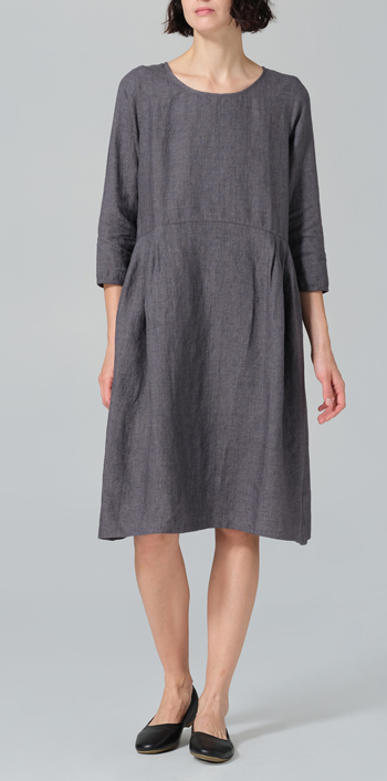 Charcoal Gray Linen A-line Mid-Length Pleated-Waist Dress
