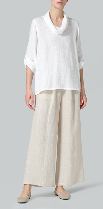 White Linen Cowl Neck Rolled Sleeve Loose Top