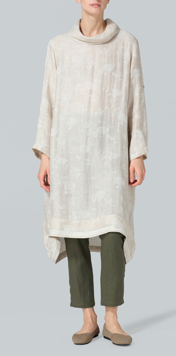 Jacquard Oat Linen Rolled Sleeve Cowl Neck Long Tunic