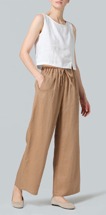 Clay Brown Linen Straight Elastic Long Pants