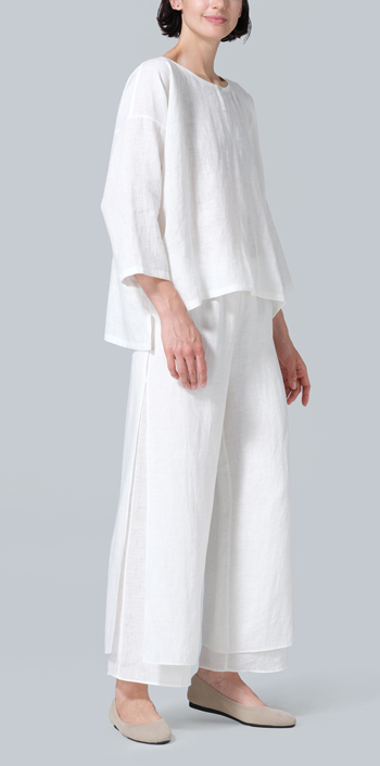 Soft White Linen Wide Round Neck Dropped Shoulder Top