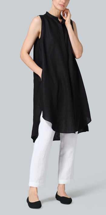 Black Linen Sleeveless A-shape Tunic with Mandarin Collar