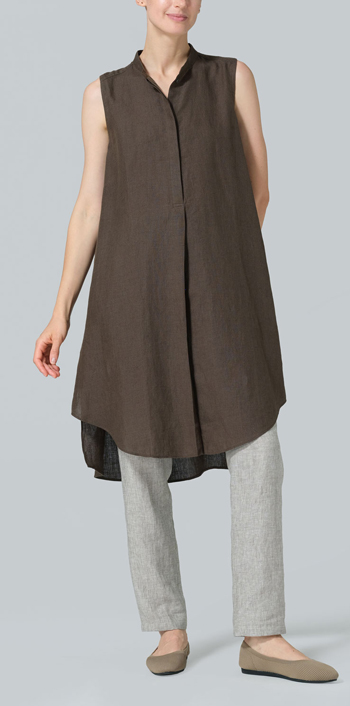 Dark Olive Brown Linen Sleeveless A-shape Tunic with Mandarin Collar
