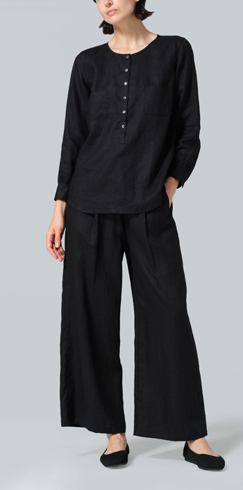 Black Linen Round Neck Long Sleeve Shirt Set