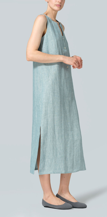 Two Tone Light Green Linen Front Placket Opening Straight Cut Long Dress