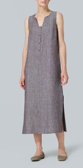 Two Tone Brown Linen Front Placket Opening Straight Cut Long Dress