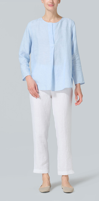 Powder Blue Linen L/S Relaxed Fit Blouse