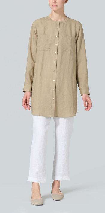 Khaki Sand Linen Open Front Long Shirt