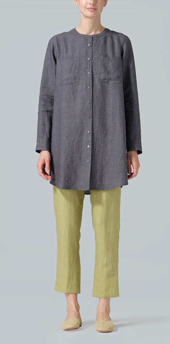 Charcoal Gray Linen Open Front Long Shirt