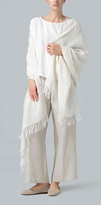 Linen Hand-crafted Beige Long Scarf Set