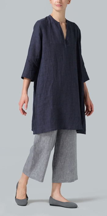 Dark Denim Linen V-neck Mandarin Collar Tunic