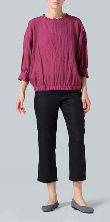 Red Violet Linen Ruffle Collar Relaxed Fit Blouse