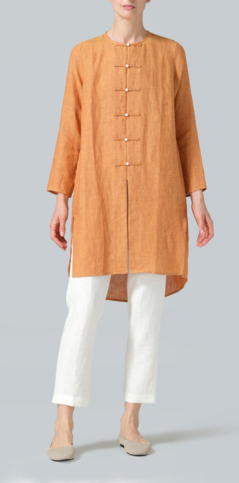 Golden Brown Linen Straight Cut Chinese Button Knots Tunic