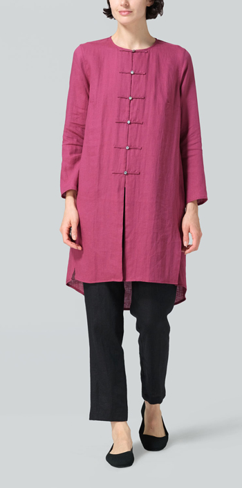 Red Violet Linen Straight Cut Chinese Button Knots Tunic