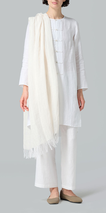 White Linen Straight Cut Chinese Button Knots Tunic Set