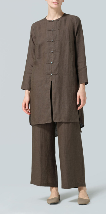 Dark Olive Brown Linen Straight Cut Chinese Button Knots Tunic