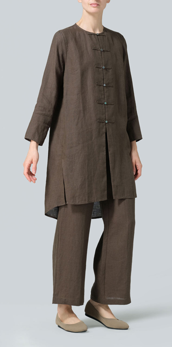 Dark Olive Brown Linen Straight Cut Chinese Button Knots Tunic