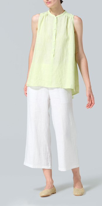 Lime Linen Mandarin Collar A-Line Sleeveless Shirt