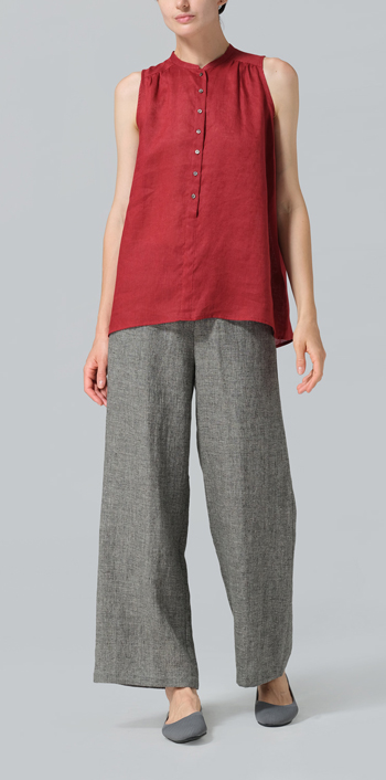 Dull Red Linen Mandarin Collar A-Line Sleeveless Shirt