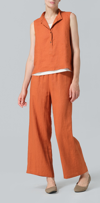 Rust Orange Linen Mandarin Collar Vest Set