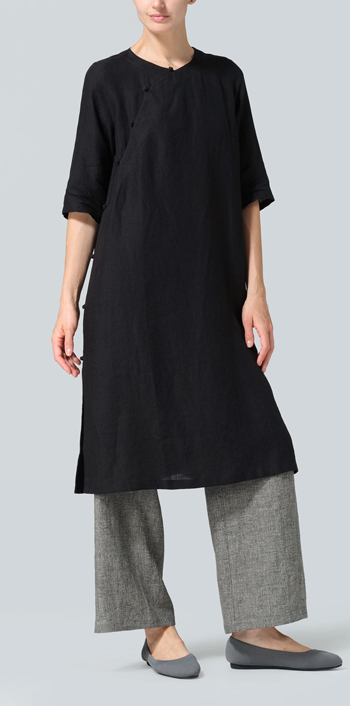 Black Linen Tunic with Vintage Mandarin Knot