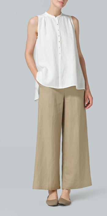 Ivory White Linen Mandarin Collar A-Line Sleeveless Shirt