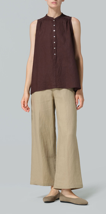 Dark Brown Linen Mandarin Collar A-Line Sleeveless Shirt