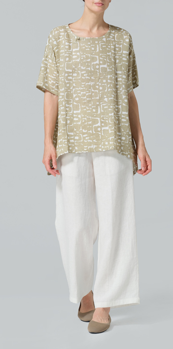 Khaki Print Linen Relaxed Handmade Knot Buttons Top