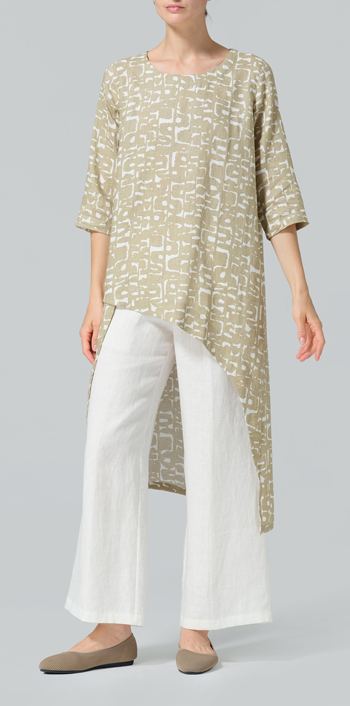 Khaki Print Linen Asymmetrical Tunic