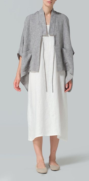 Khaki Gray Linen Tie Rope Short Kimono Jacket