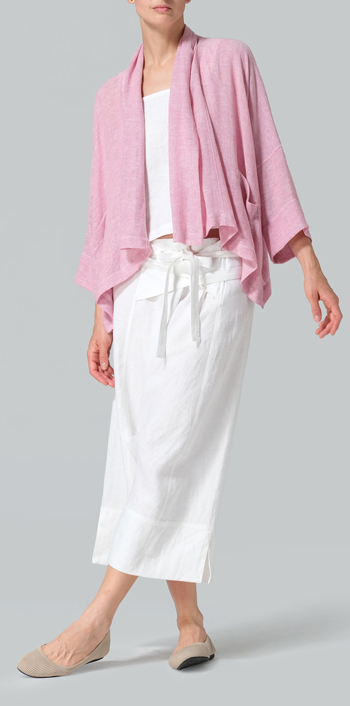 Pink Gauze Linen Shawl Collar Open Front Cropped Jacket