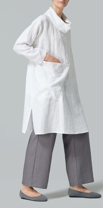 White Linen Cowl Neck Patch Pocket Oversized Tunic