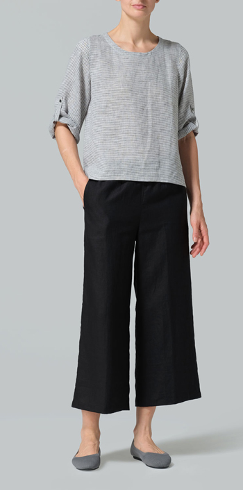 Black Weave Linen Relaxed Fit Boat Neck Top